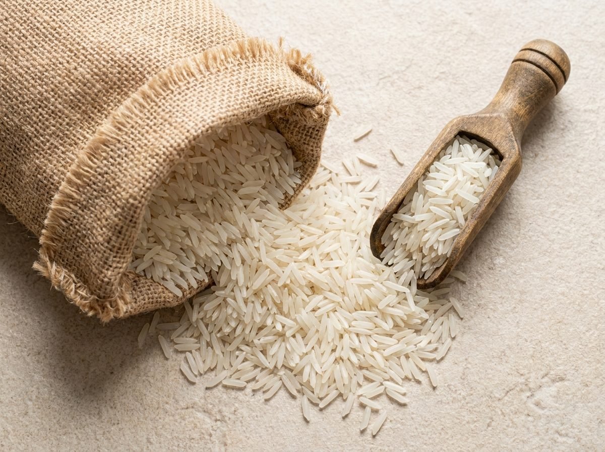 Basmati rice grains and burlap sack, ready for export