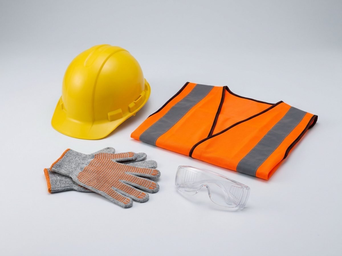 Construction PPE: hard hat, hi-vis vest, gloves, and safety goggles